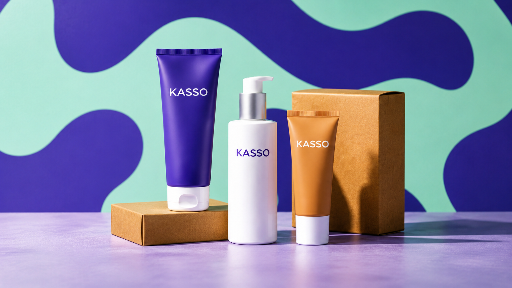 Three KASSO personal-care containers displayed with cardboard boxes on a purple surface.