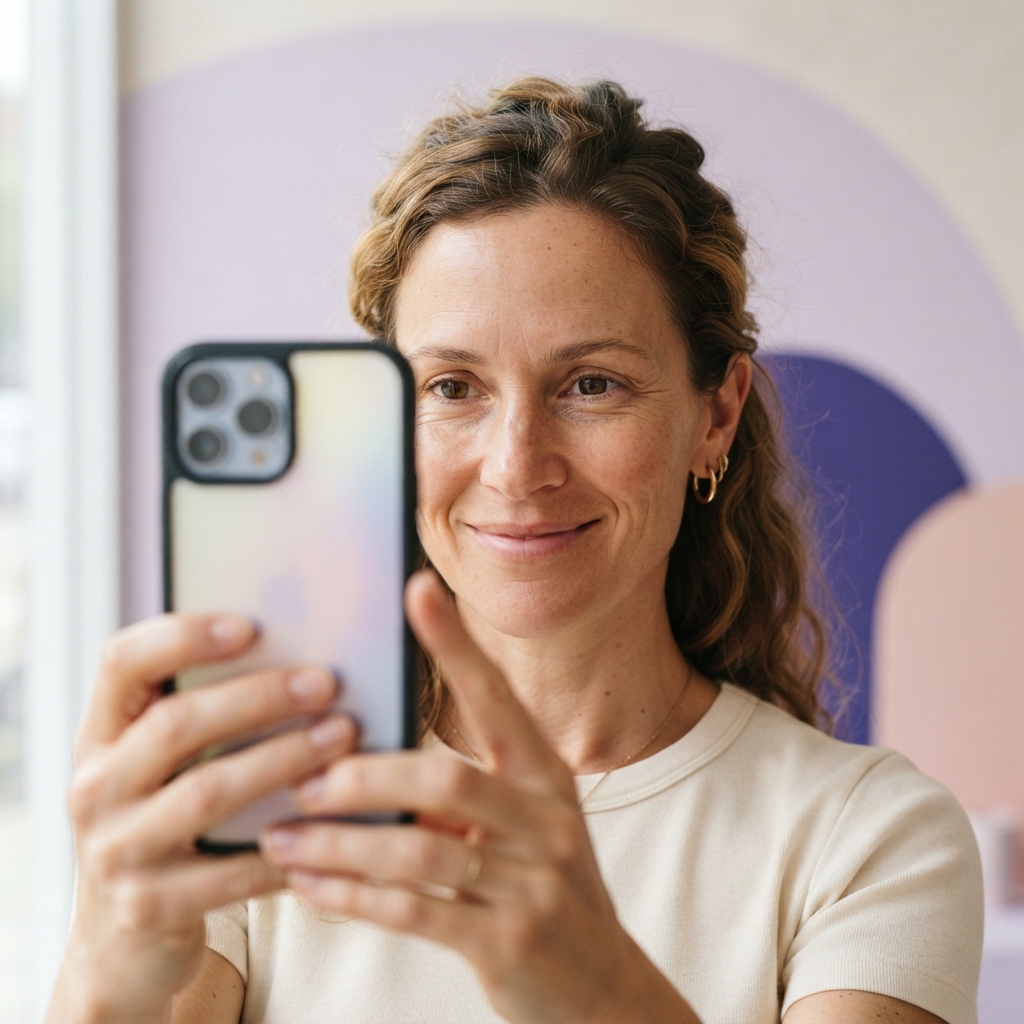 Smiling woman with wavy brown hair holds a smartphone in front of her against a pastel abstract background.