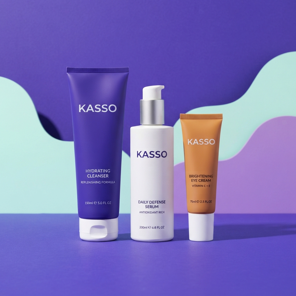 Three KASSO skincare products—a cleanser, serum, and eye cream—stand against a purple abstract background.