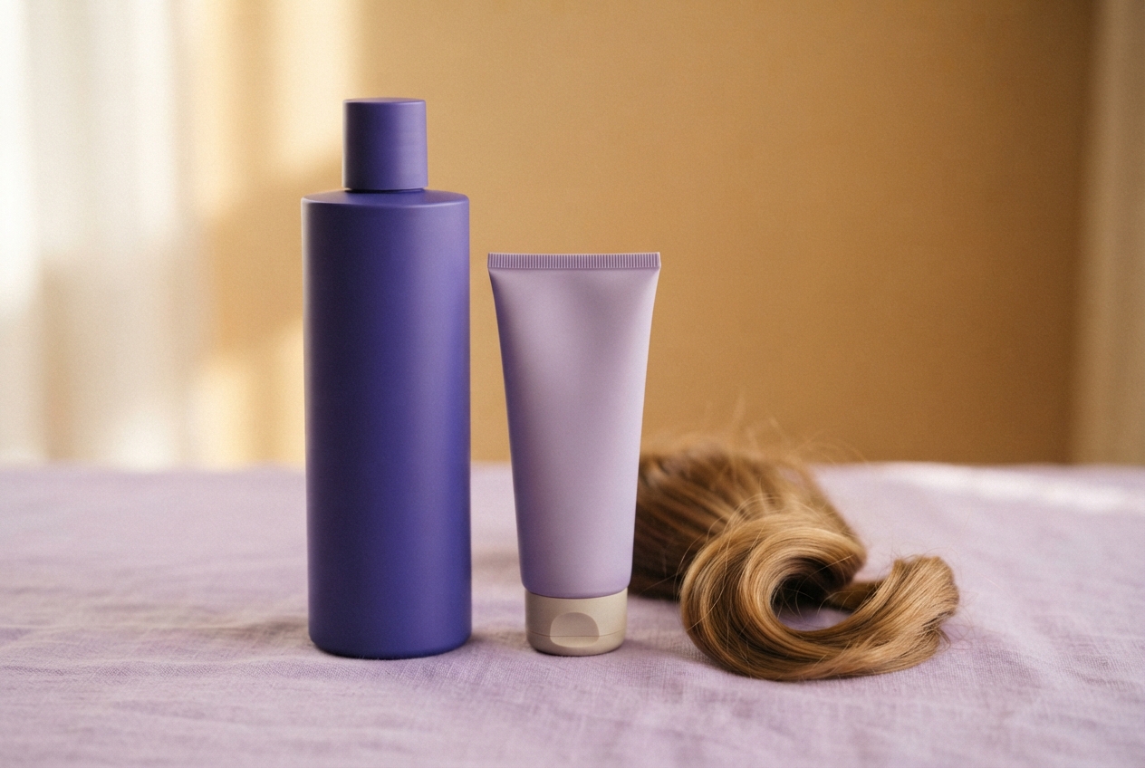 Purple bottle, lavender tube, and coiled brown-blonde hair on a lavender fabric surface.