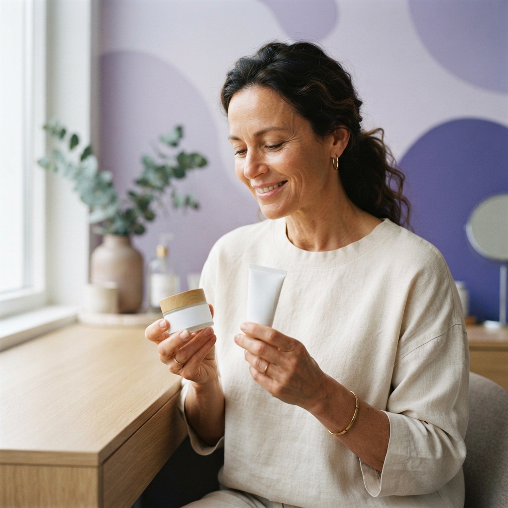 Smiling woman examines a white skincare jar and tube at a wooden table in a softly lit room.